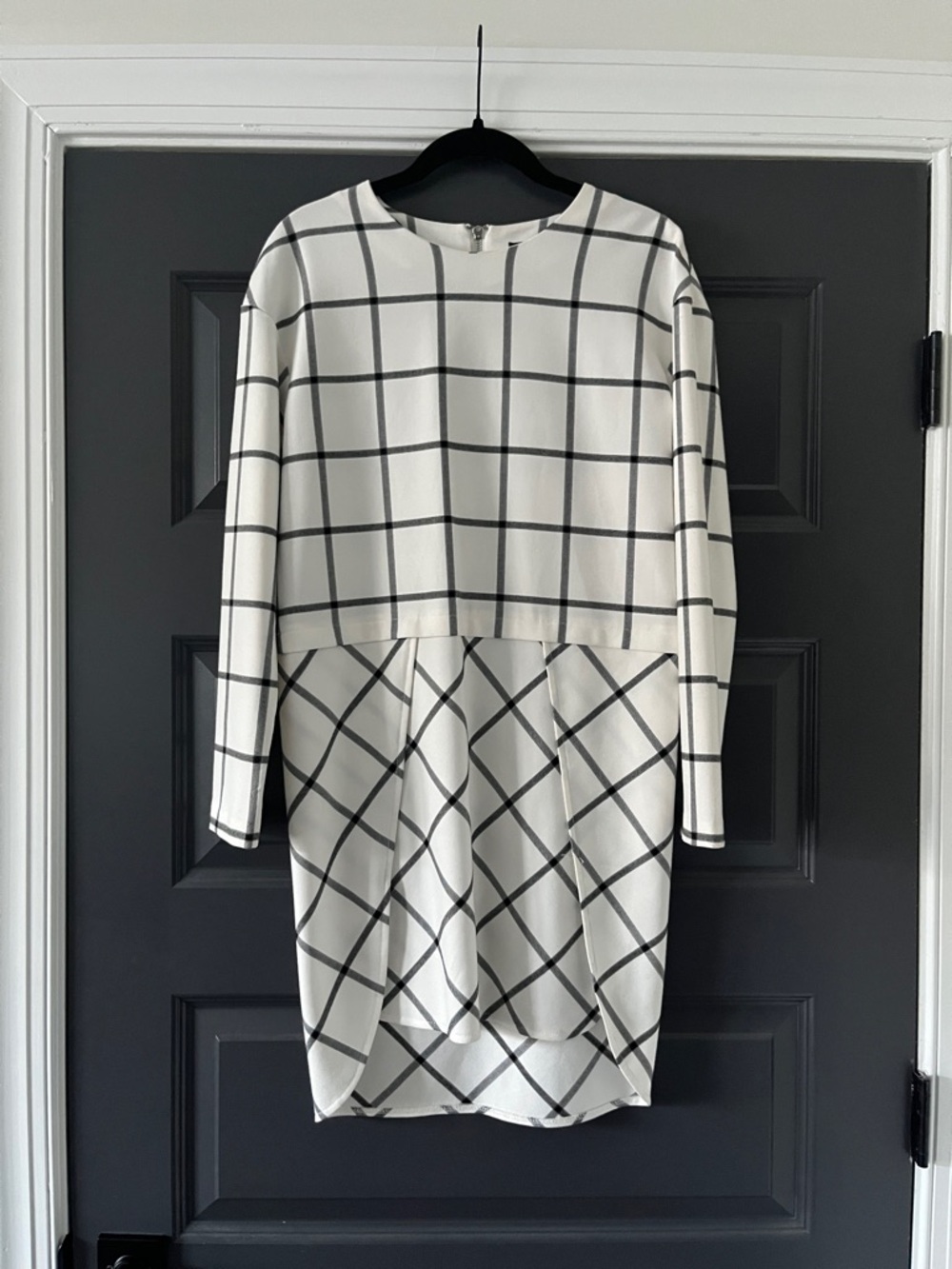 French Connection White and Black Windowpane Long-Sleeve Dress